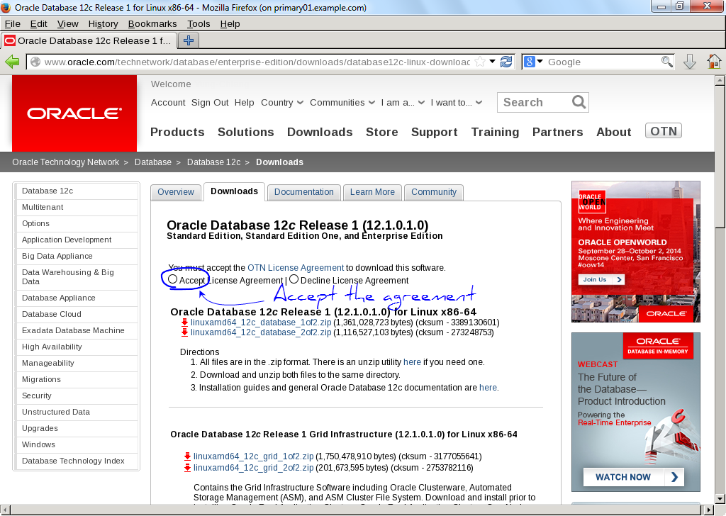 Oracle database 12.1 for Linux software download page