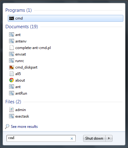 Enter cmd in search box on Windows 7