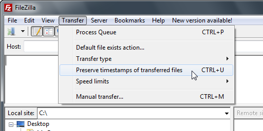 Preserve timestamps of transferred files Disabled - FileZilla