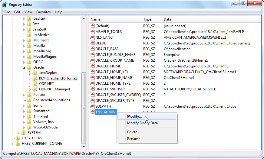 Oracle Software Registry - Modify TNS_ADMIN