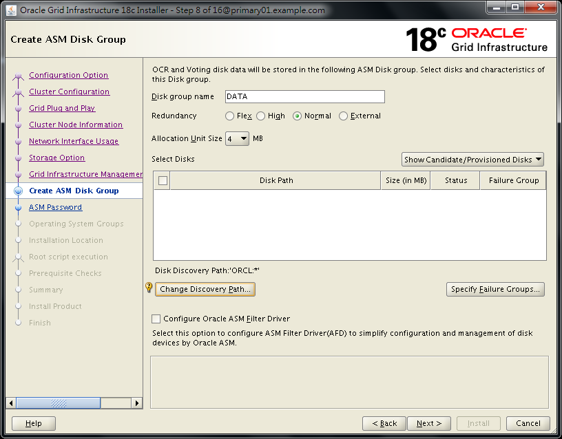 Oracle 18c Grid Infrastructure Installation OUI - Change Discovery Path - ORCL:*