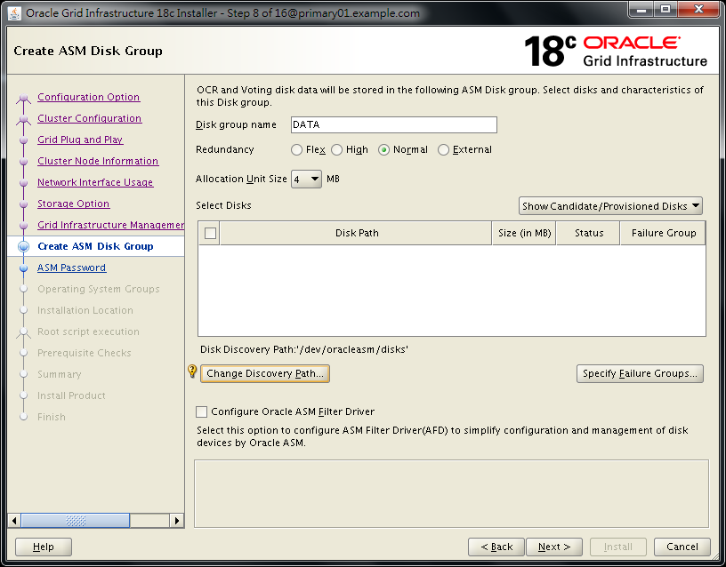 Oracle 18c Grid Infrastructure Installation OUI - Change Discovery Path - /dev/oracleasm/disks