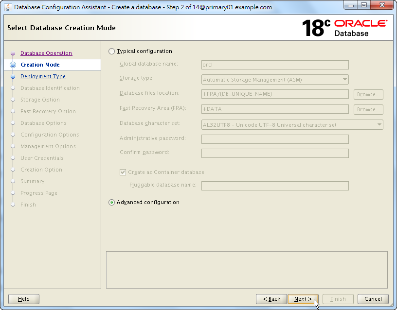 Oracle Database 18c - DBCA - Select Database Creation Mode