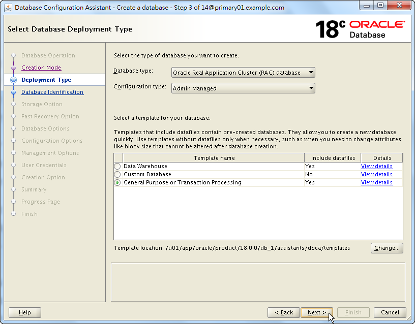 Oracle Database 18c - DBCA - Select Database Deployment Type