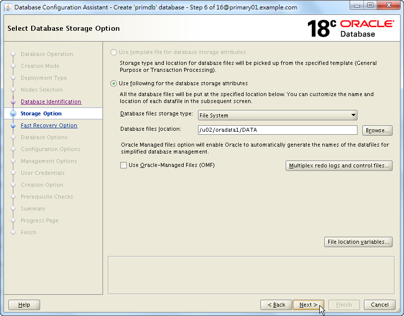 Oracle Database 18c - DBCA - Select Database Storage Option
