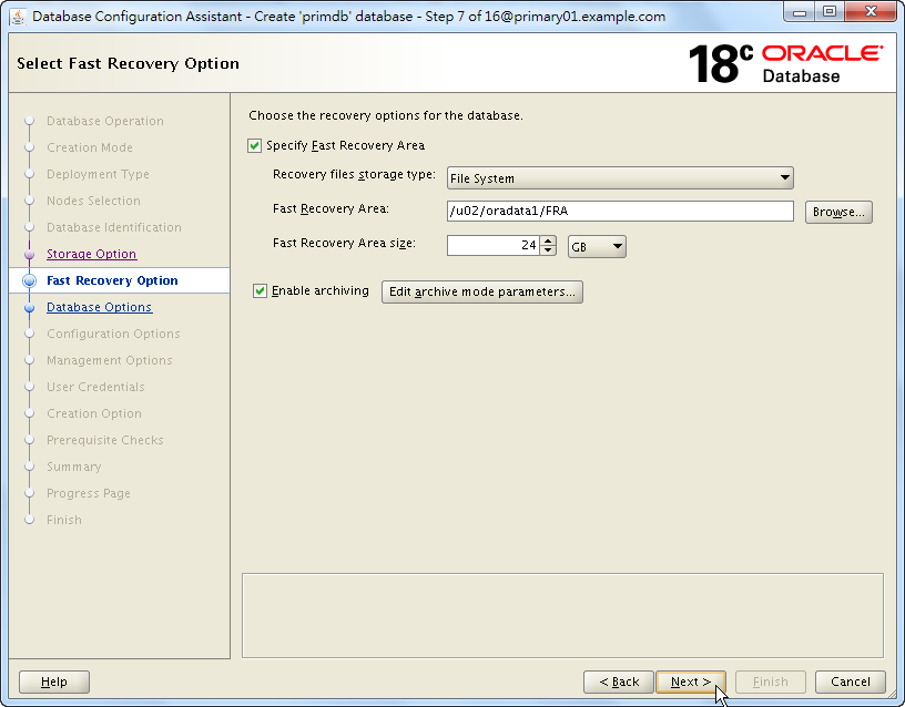 Oracle Database 18c - DBCA - Select Fast Recovery Option