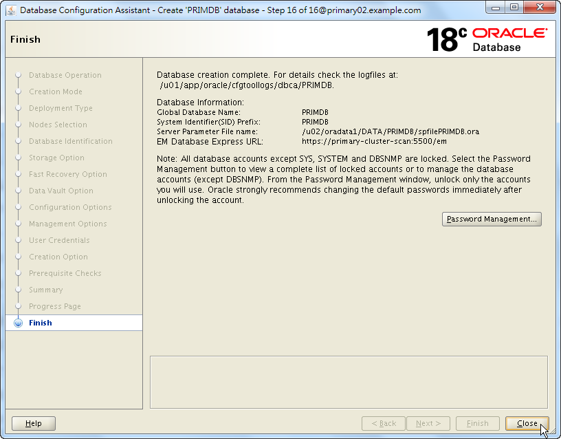 Oracle Database 18c - DBCA - Database Created