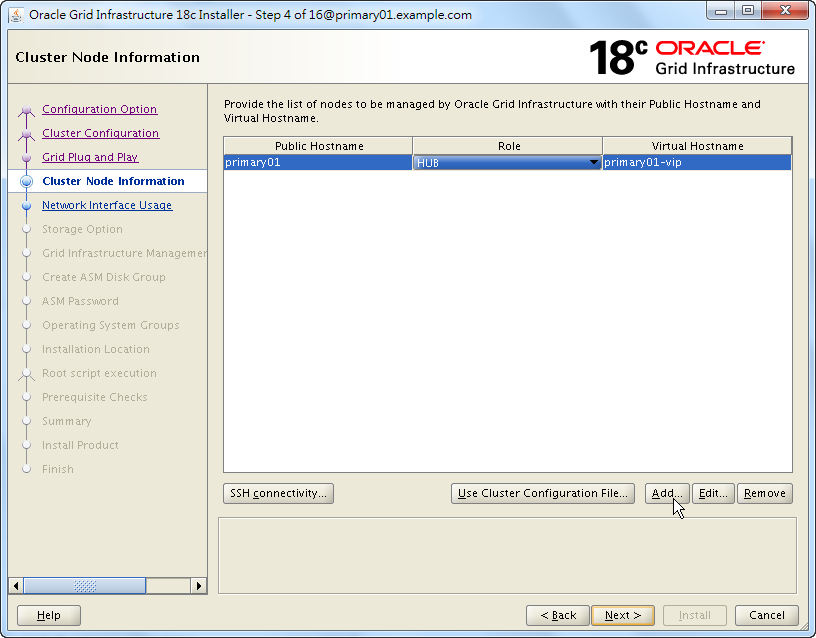 Oracle 18c Grid Infrastructure Installation - Cluster Node Information