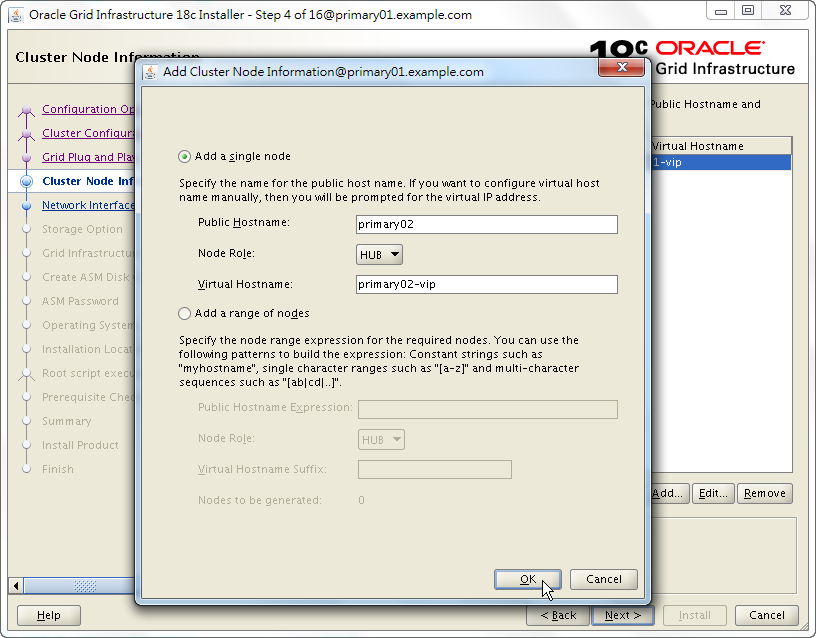 Oracle 18c Grid Infrastructure Installation - Cluster Node Information - Add Node