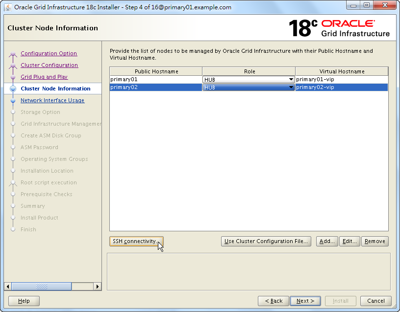 Oracle 18c Grid Infrastructure Installation - Cluster Node Information - List Nodes
