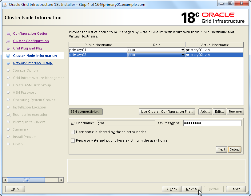 Oracle 18c Grid Infrastructure Installation - Cluster Node Information - Next Step