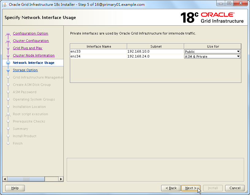 Oracle 18c Grid Infrastructure Installation - Specify Network Interface Usage