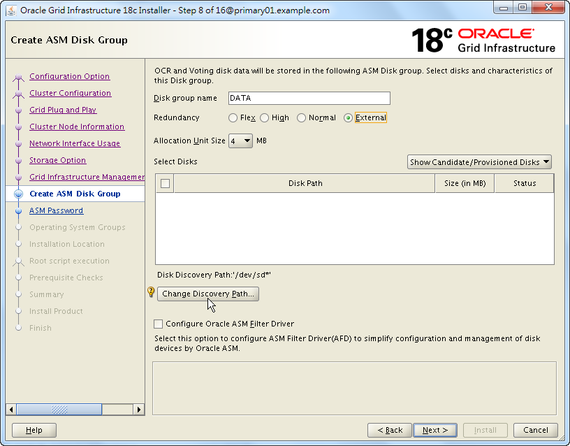 Oracle 18c Grid Infrastructure Installation - Create ASM Disk Group