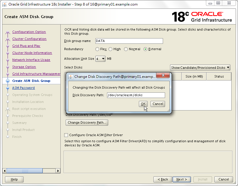 Oracle 18c Grid Infrastructure Installation - Create ASM Disk Group - Change Discovery Path