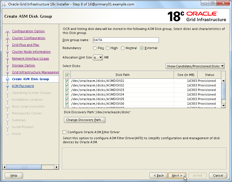 Oracle 18c Grid Infrastructure Installation - Create ASM Disk Group - List and Select Disk Candidates