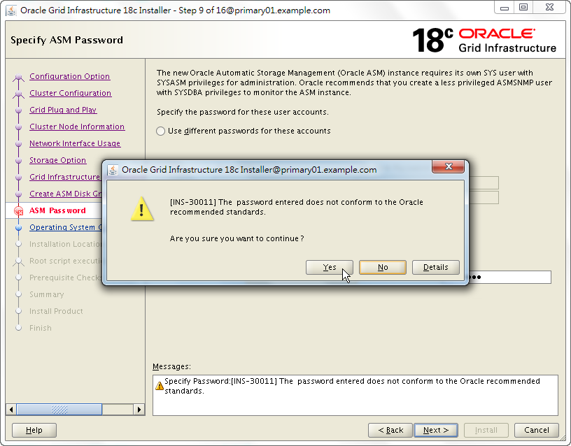 Oracle 18c Grid Infrastructure Installation - Specify ASM Password - INS-30011
