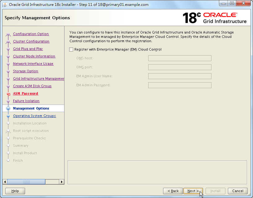 Oracle 18c Grid Infrastructure Installation - Specify Management Options