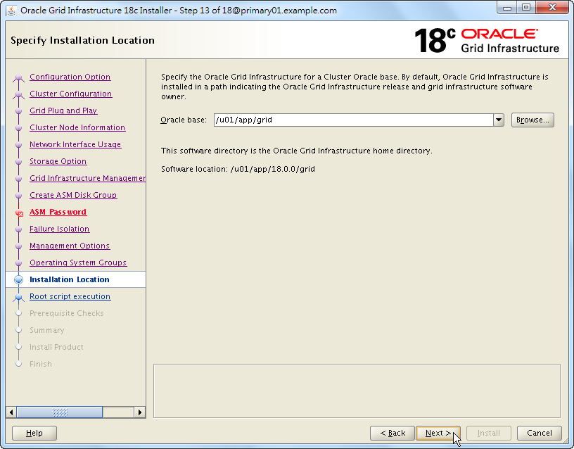 Oracle 18c Grid Infrastructure Installation - Specify Installation Location
