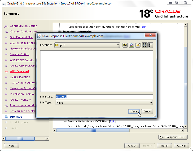 Oracle 18c Grid Infrastructure Installation - Save Response File