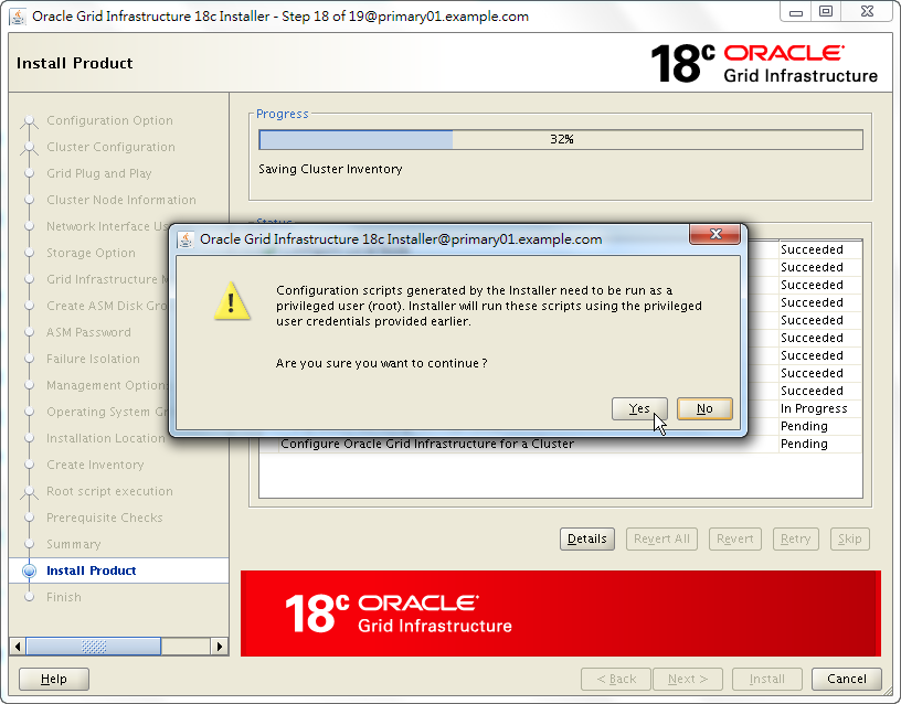 Oracle 18c Grid Infrastructure Installation - Installing Product - Confirm Root Scripts Execution