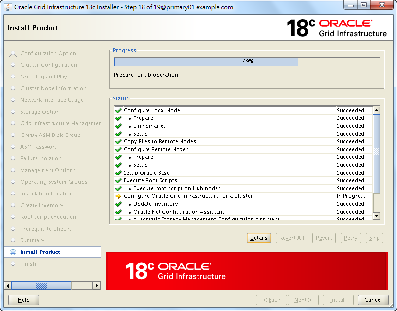 Oracle 18c Grid Infrastructure Installation - Installing Product - 69%
