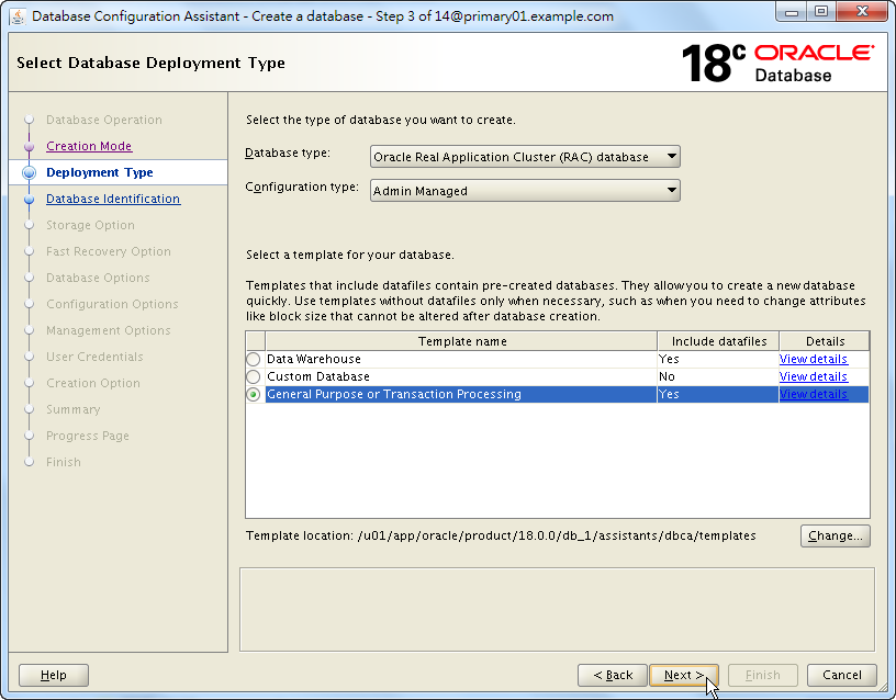 Oracle 18c DBCA - Create a Database - Select Database Deployment Type