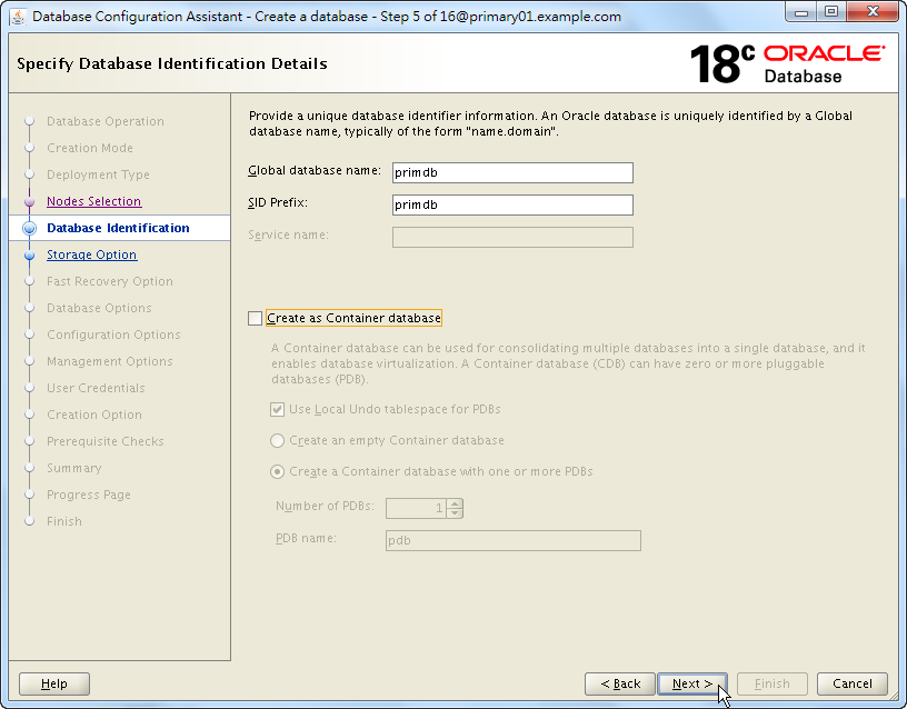 Oracle 18c DBCA - Create a RAC Database - Specify Database Identification Details