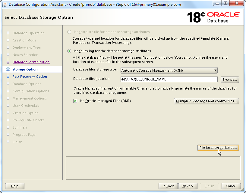 Oracle 18c DBCA - Create a RAC Database - Select Database Storage Option