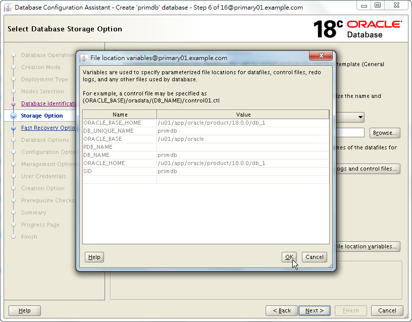 Oracle 18c DBCA - Create a RAC Database - Select Database Storage Option - File Location Variables