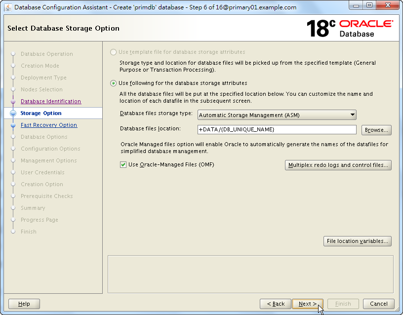 Oracle 18c DBCA - Create a RAC Database - Select Database Storage Option - Click Next