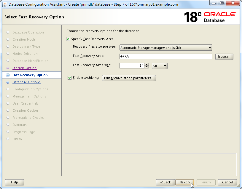 Oracle 18c DBCA - Create a RAC Database - Select Fast Recovery Option
