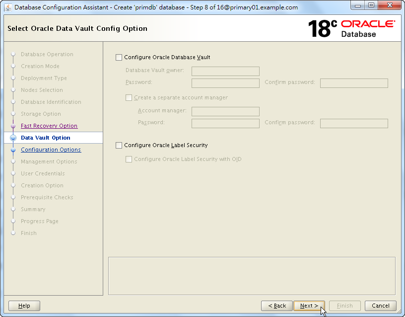 Oracle 18c DBCA - Create a RAC Database - Select Oracle Data Vault Config Option