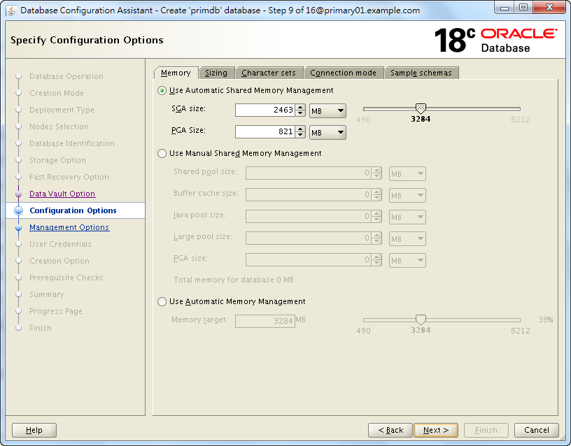 Oracle 18c DBCA - Create a RAC Database - Specify Configuration Options - Memory