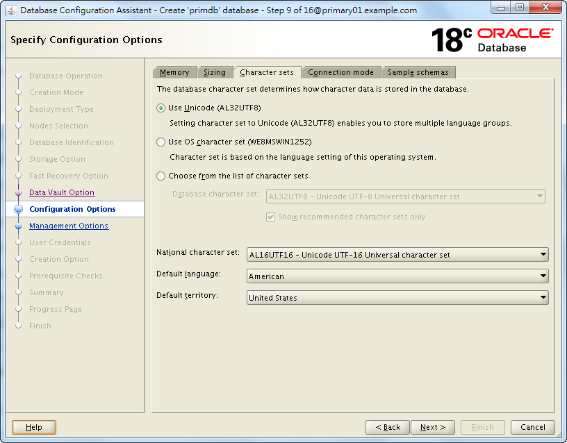 Oracle 18c DBCA - Create a RAC Database - Specify Configuration Options - Character Sets