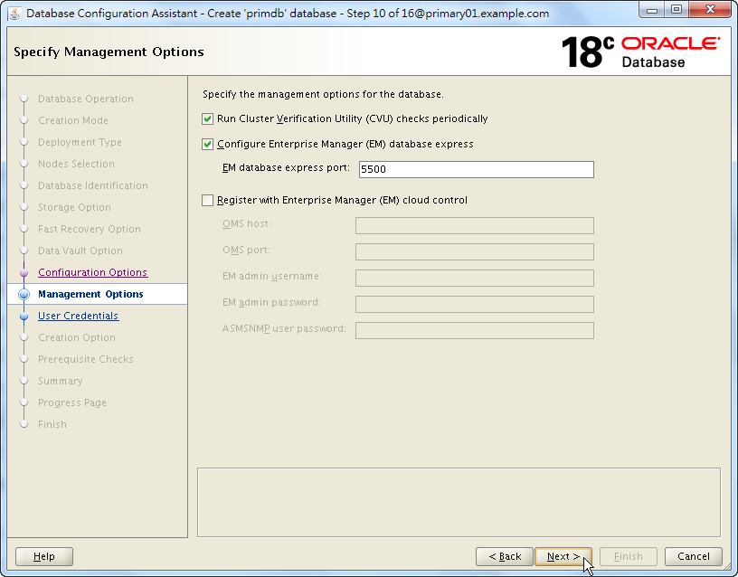 Oracle 18c DBCA - Create a RAC Database - Specify Management Options