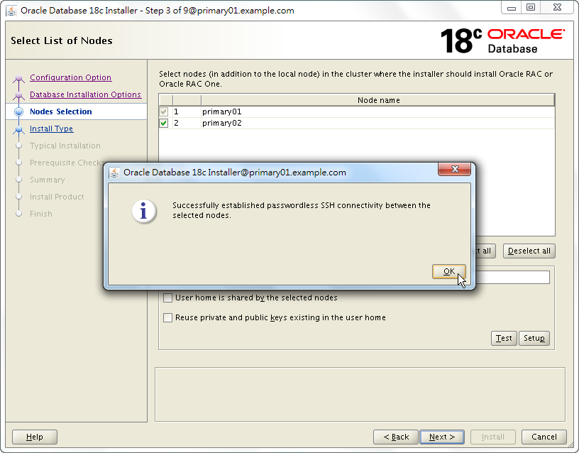 Oracle 18c RAC Software Installation - Select List of Nodes - SSH Connectivity Established