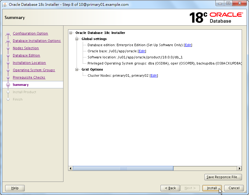 Oracle 18c RAC Software Installation - Summary - Click Install