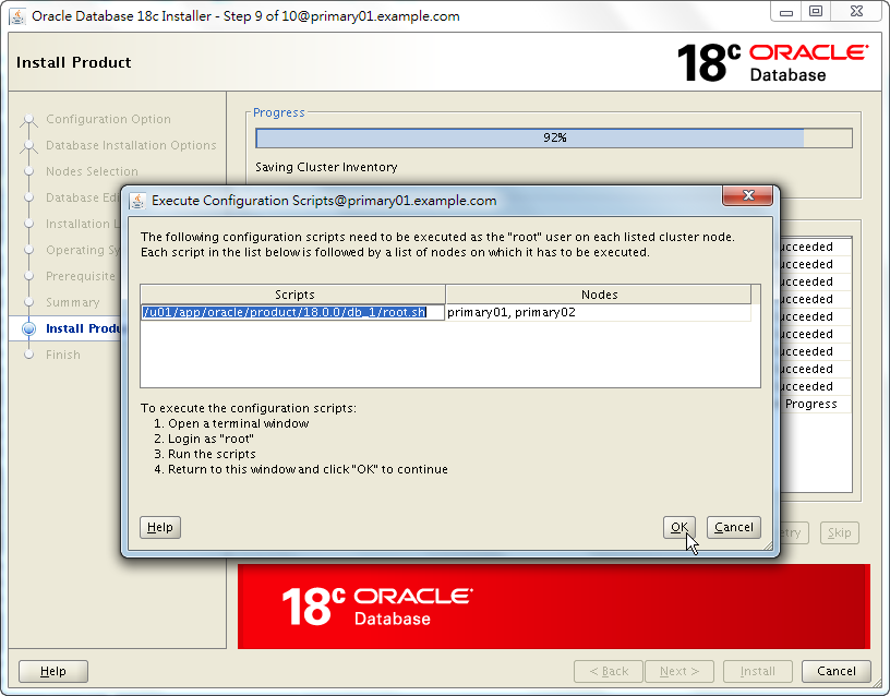 Oracle 18c RAC Software Installation - Product Installing - Execute root Script on Both Nodes