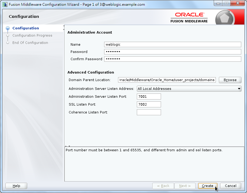 Oracle Fusion Middleware Configuration Wizard - Configure Administrative Account and Advanced Configuration