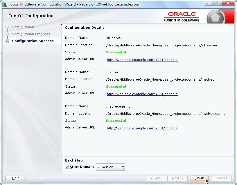 Oracle Fusion Middleware Configuration Wizard - End of Configuration and Details