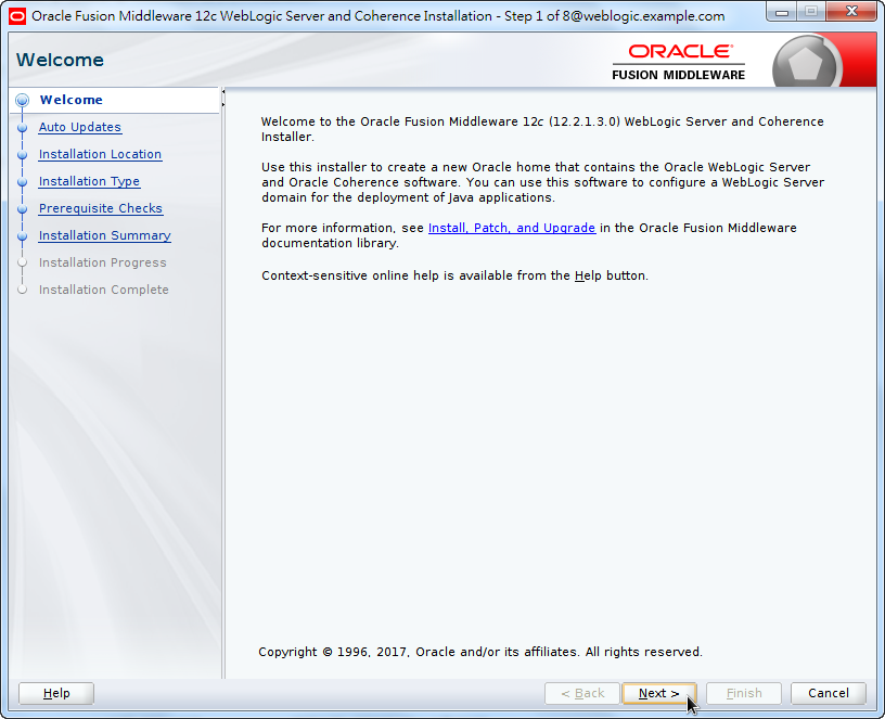 Oracle Fusion Middleware 12c WebLogic Installation - Welcome