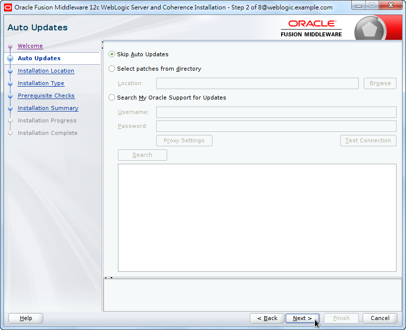 Oracle Fusion Middleware 12c WebLogic Installation - Skip Auto Updates