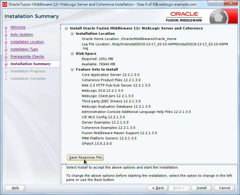 Oracle Fusion Middleware 12c WebLogic Installation - Installation Summary