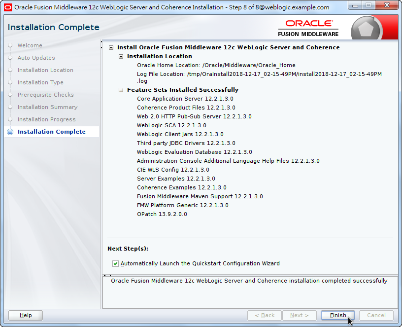 Oracle Fusion Middleware 12c WebLogic Installation - Installation Coomplete