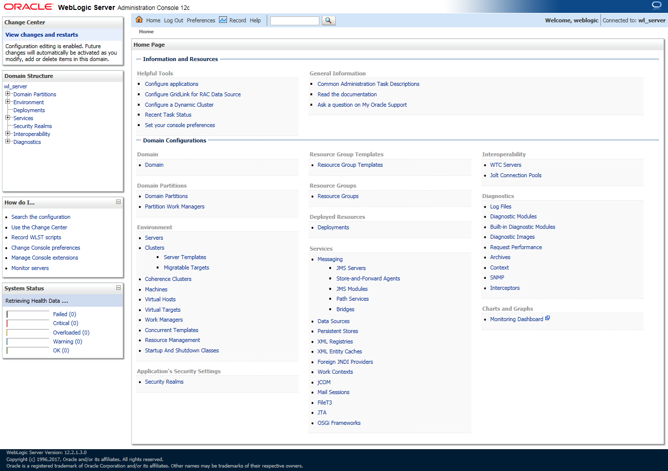 Oracle WebLogic Server Administration Console 12c - Dashboard