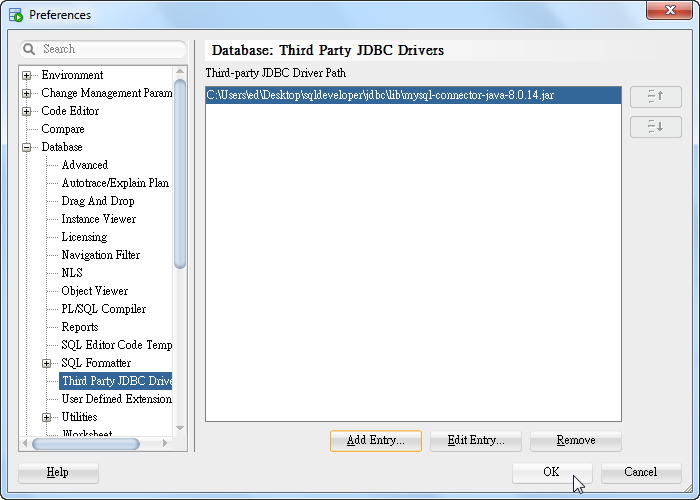 SQL Developer - Preference - Database - Third Party JDBC - MySQL Driver Added