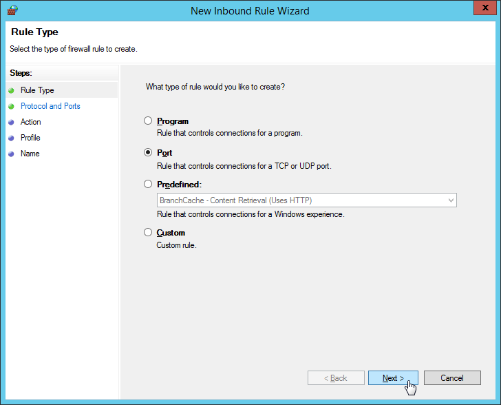 Windows Firewall - New Inbound Rule Wizard - Select "Port" to Open