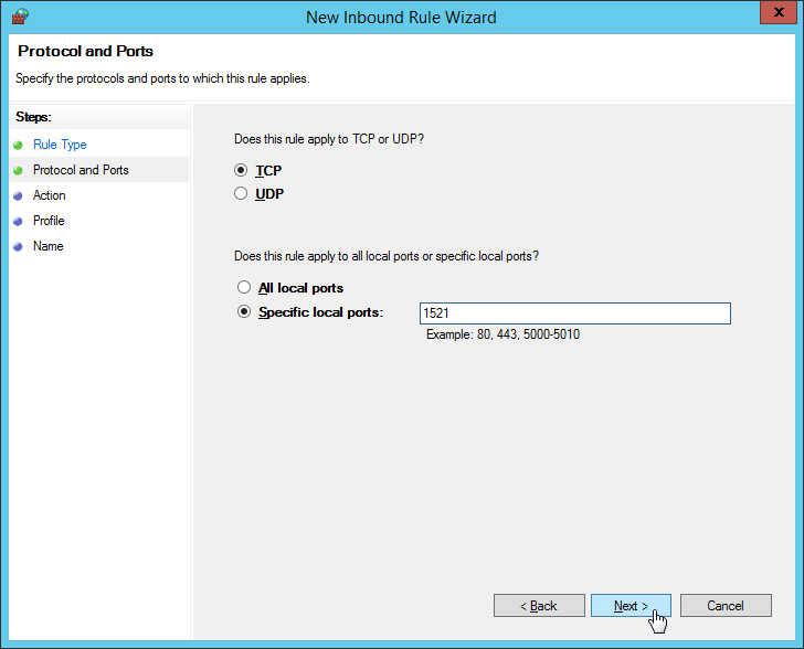 Windows Firewall - New Inbound Rule Wizard - Input Port Number "1521"