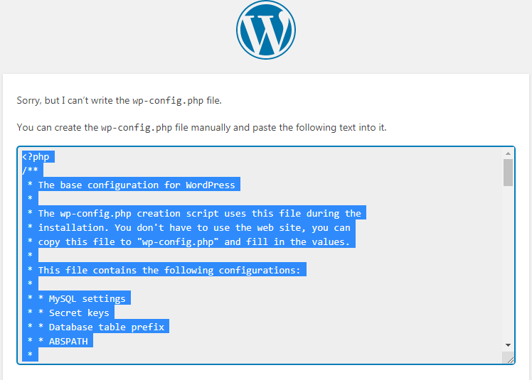 WordPress - Sorry, but I can’t write the wp-config.php file.