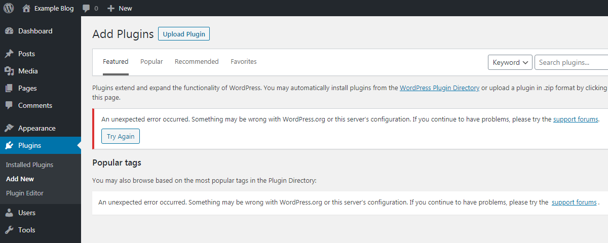 WordPress - Add Plugins - An unexpected error occurred.